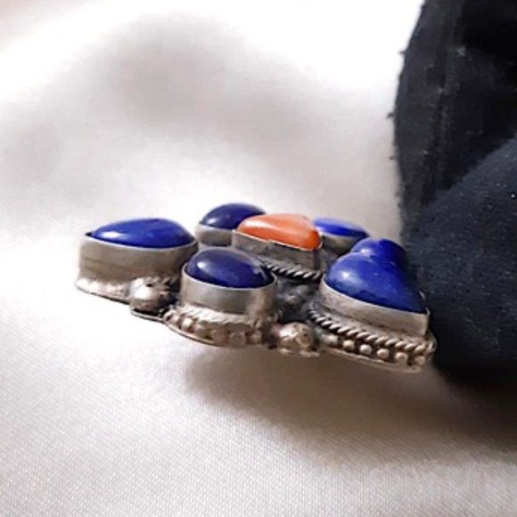 Tibetan Lapis Lazuli (pd6) Coral Pendant Natural Gems Blue Red Triangle Silver - Picture 5 of 8